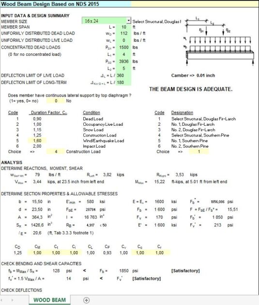 Wood Beam Design Spreadsheet