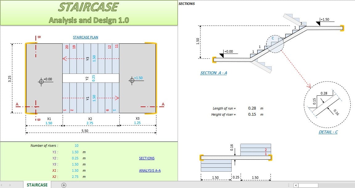 Staircase Analysis and Design Spreadsheet