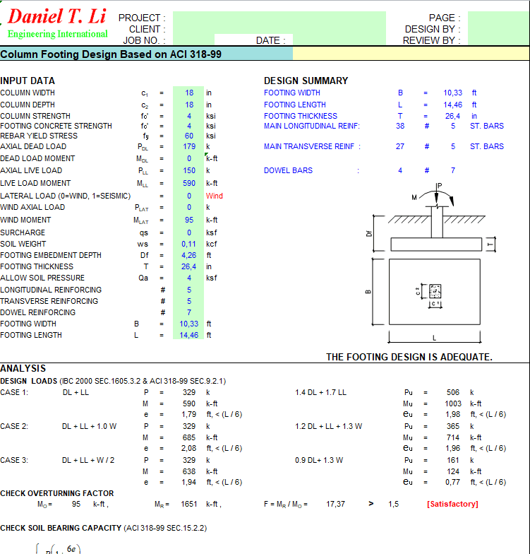 Column Footing Design Spreadsheet