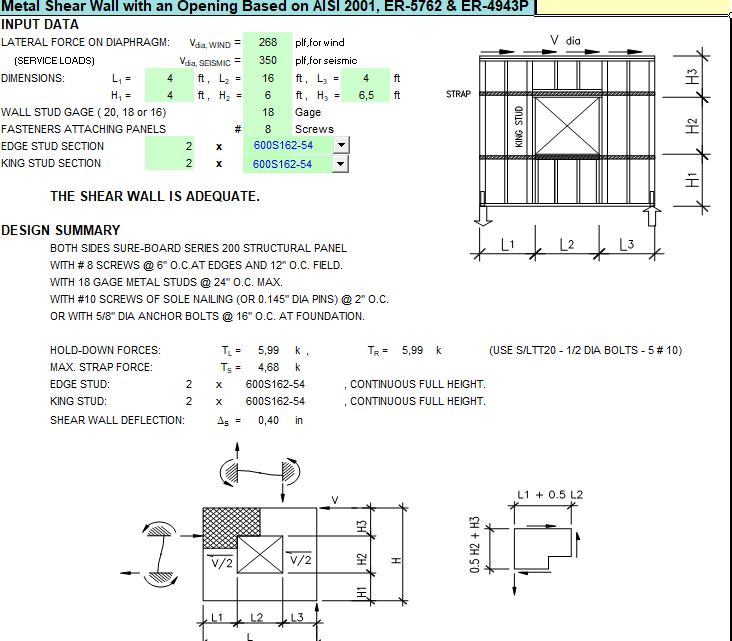 Metal Shear Wall with an Opening Spreadsheet