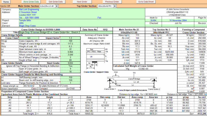 Crane Girder design Spreadsheet