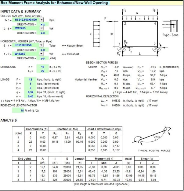 Box Moment Frame Analysis for Enhanced and New Wall Opening Spreadsheet