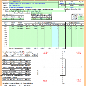 Stresses Beneath Pads Under Eccentric Loads, Shears and Moments Spreadsheet