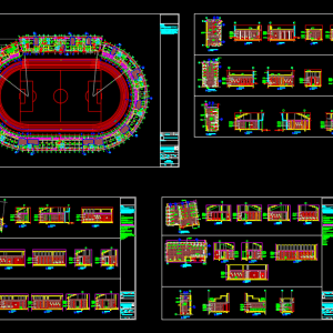 Stadium Project Layout and Elevation Plan Details Autocad Drawing