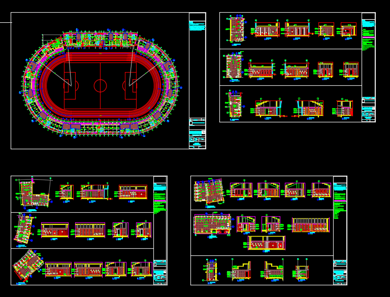 Stadium Project Layout and Elevation Plan Details Autocad Drawing