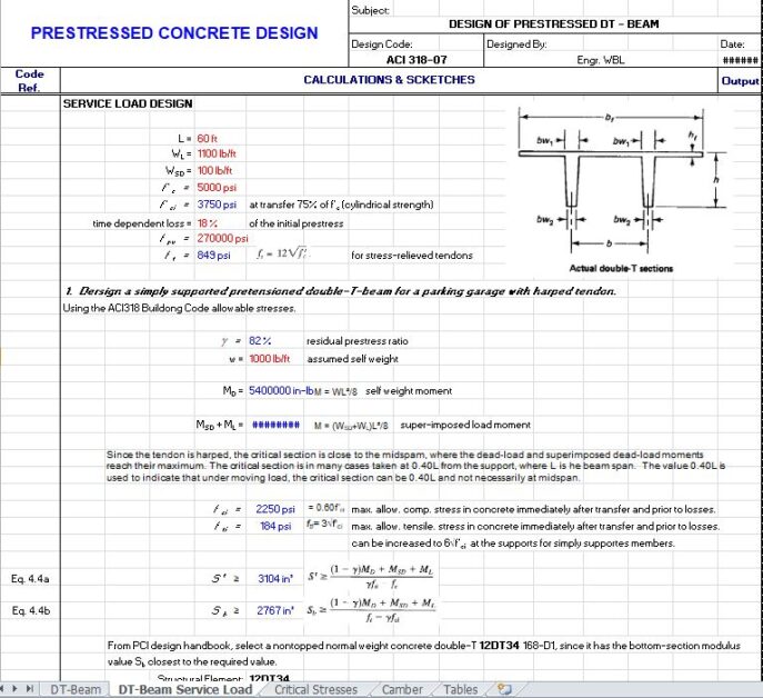 Design of Prestressed Double Tee Beams Spreadsheet