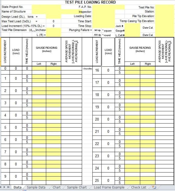 Test Pile Loading Record Spreadsheet