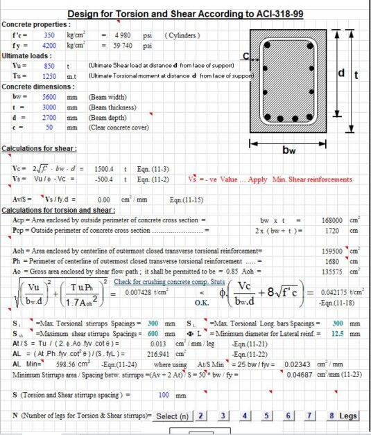 Design For Torsion And Shear According To ACI 318-99 Spreadsheet