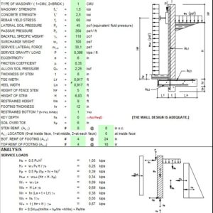 Restrained Retaining Masonry Wall Design Spreadsheet