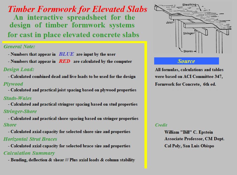 Timber Formwork For Elevated Slabs Spreadsheet