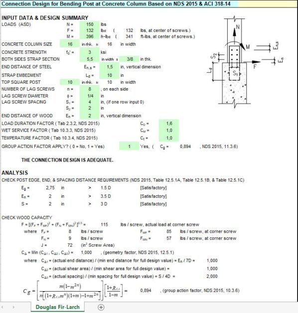 Connection Design for Bending Post at Concrete Column Spreadsheet