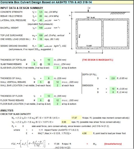 Concrete Box Culvert Design Based on AASHTO and ACI Spreadsheet