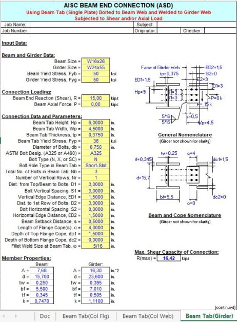 AISC Beam End Connection Spreadsheet