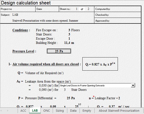 Stairwell Pressurisation Design Calculation Spreadsheet