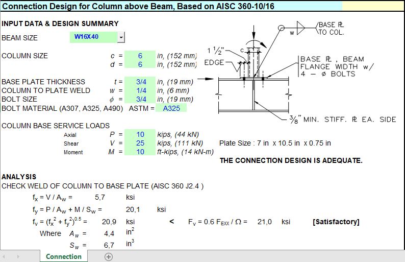 Connection Design For Column Above Beam Spreadsheet