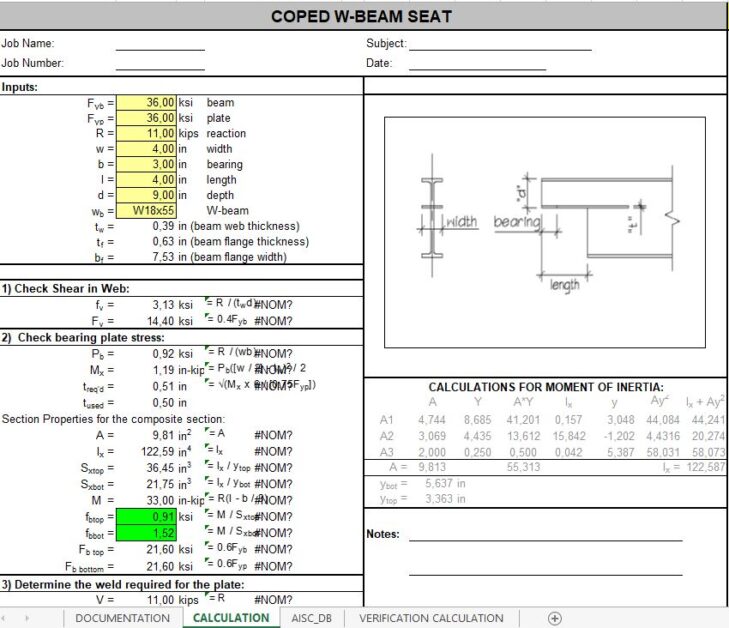 Coped W-Beam Seat Calculation Spreadsheet