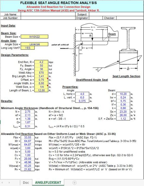 Flexible Seat Angle Reaction Analysis Spreadsheet