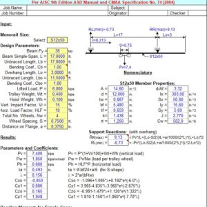 Monorail Beam Analysis and Calculation Spreadsheet