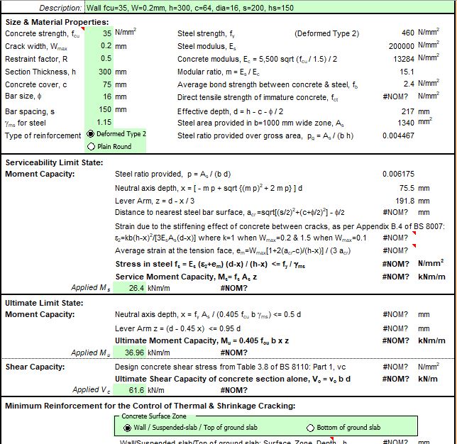 Liquid Retaining Reinforced Concrete Section to BS 8007 and BS 8110 Spreadsheet