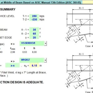 Bracing Connection Capacity At Middle Of Beam Based on AISC Manuel 13th Edition Spreadsheet