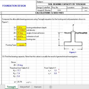 Soil Bearing Capacity by Terzaghi Meyerhof and Hansen Spreadsheet