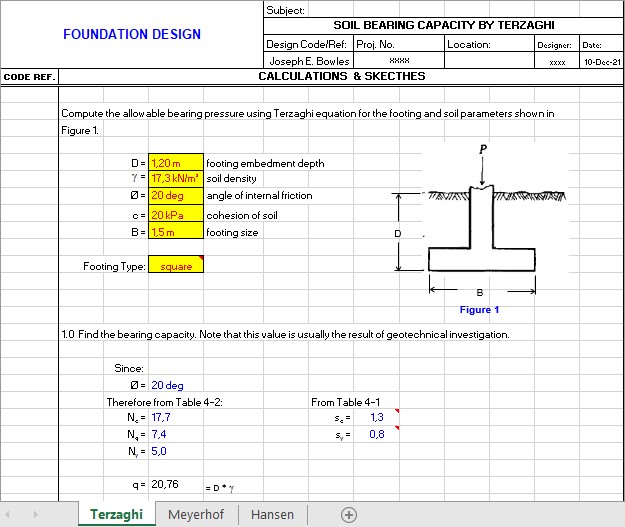 Soil Bearing Capacity by Terzaghi Meyerhof and Hansen Spreadsheet