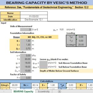 Bearing Capacity By Vesic's Method Spreadsheet