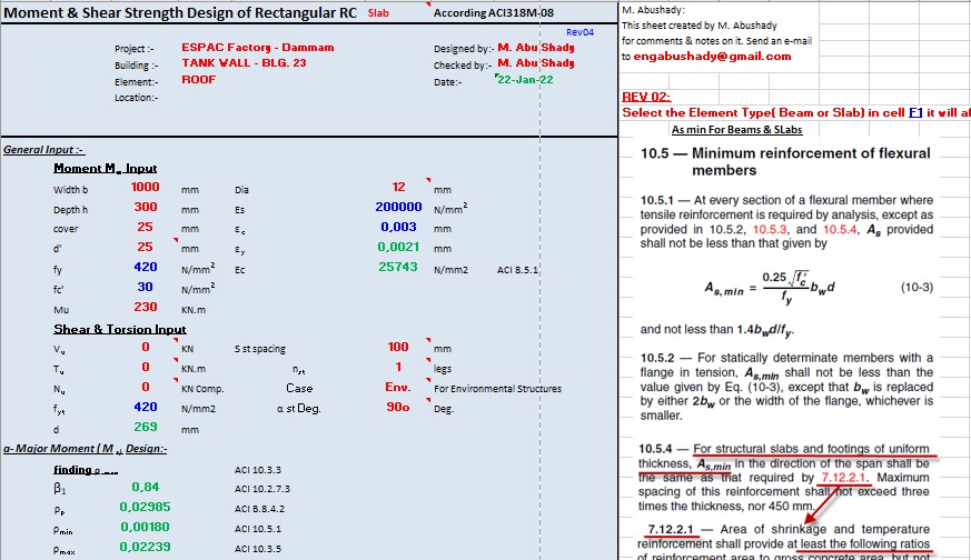 Moment And Shear Strength design Of Rectangular RC Spreadsheet