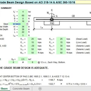 Two Pads with Grade Beam Design and Calculation Spreadsheet