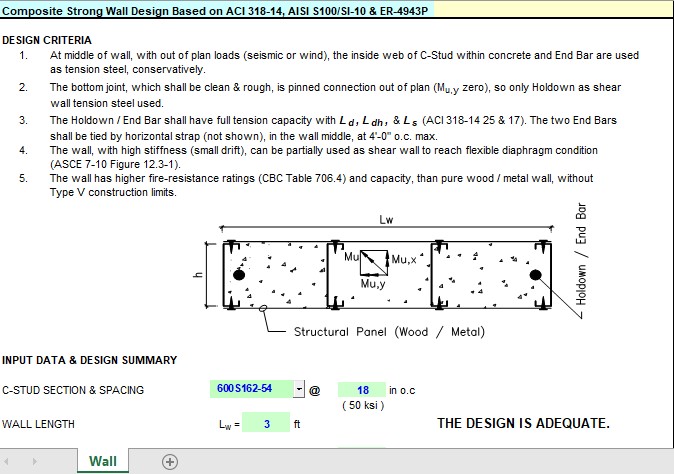 Composite Strong Wall Design and Calculation Spreadsheet