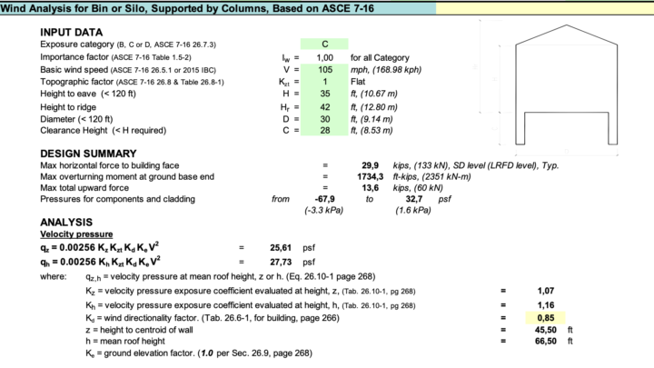 Wind Analysis for Bin or Silo Based on ASCE 7-16 Spreadsheet