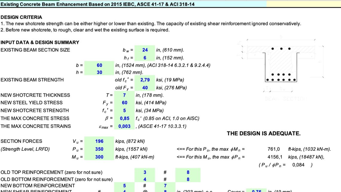 Existing Concrete Beam Enhancement Based on 2015 IEBC ASCE 41-17 & ACI 318-14 Spreadsheet